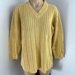 Public Women's Size 40 US XL Yellow Tan Heavy Knit Cotton Pullover Sweater V Nec